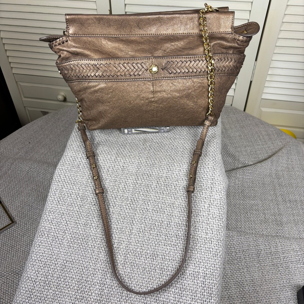 Badgley Mischka Chic Bronze Leather Crossbody Purse Woven Detail Glam‎ Handbag